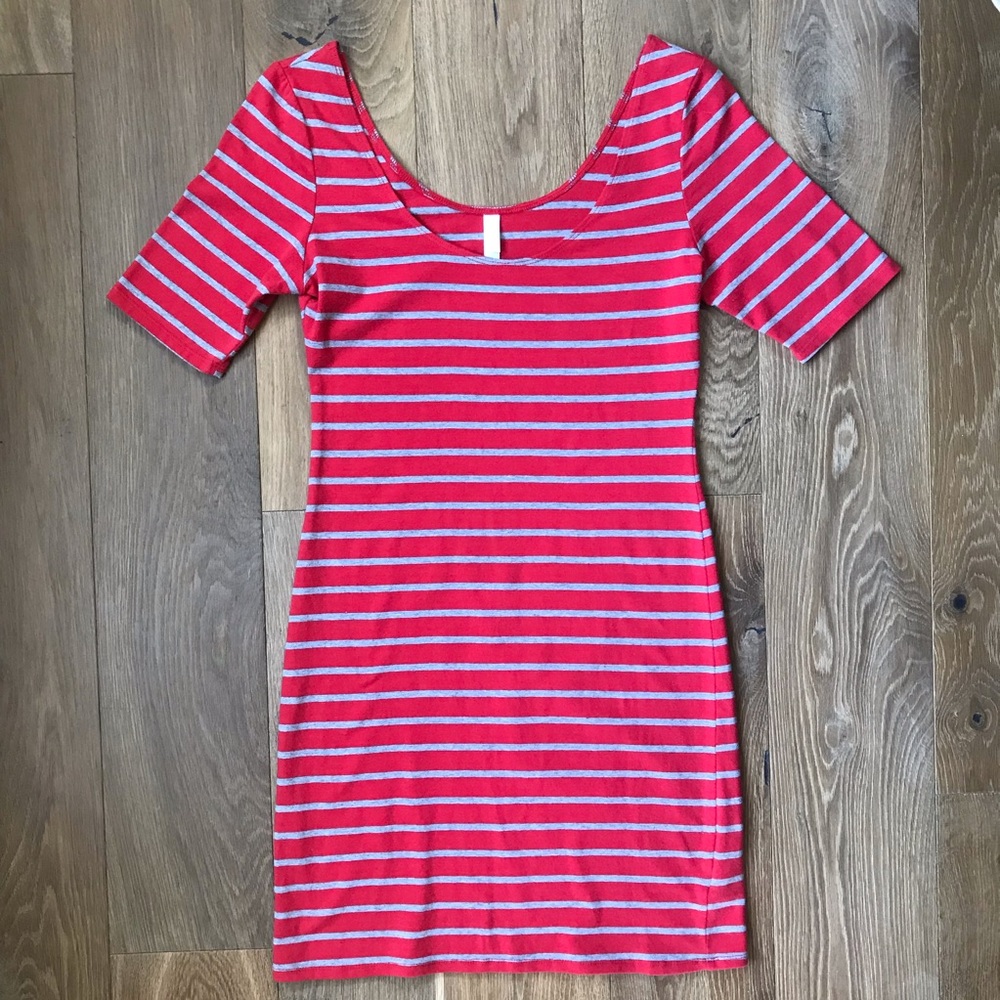 Red and grey striped dress
